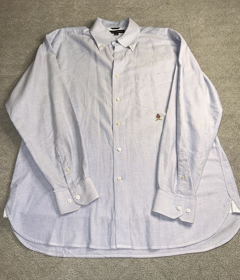 Vintage 90s Tommy Hilfiger Mens L Oxford Shirt Light Blue Long Sleeve CrestLogo